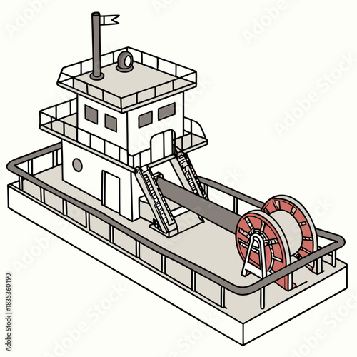 Illustration of a tugboat with a large winch and cable on its deck viewed from an isometric perspective