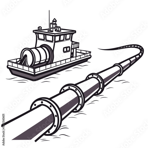 Tugboat laying a large diameter pipeline on the ocean floor with a spool of pipe on deck