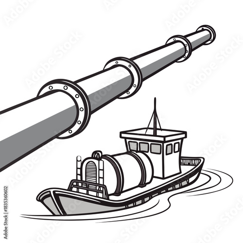 A stylized black and white illustration of a tugboat carrying a large cylindrical cargo alongside a long industrial pipeline