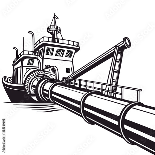 Illustration of a dredger ship with a large pipe extending outward into the water