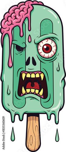 WebHorror Zombie Popsicle Illustration Vector, Scary Undead Ice Cream Dessert Mascot, Melting Monster Face with Exposed Brain and Bloodshot Eye, Grotesque Halloween Streetwear Graphic Design.