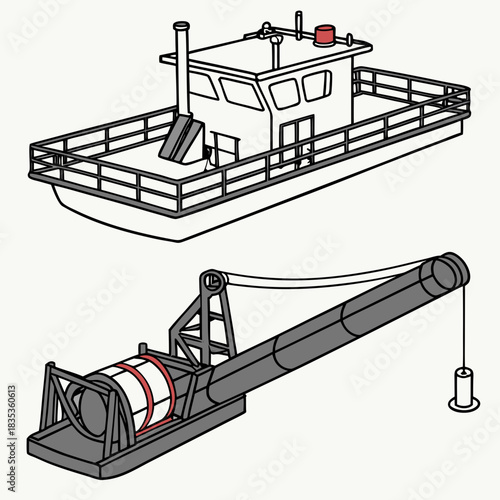 Illustration of a workboat and a heavy duty industrial crane with a cylindrical load on a white background