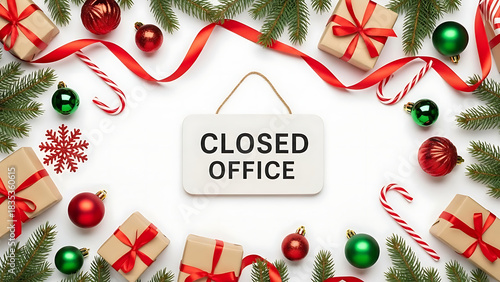 Closed office sign surrounded by red and green Christmas ornaments, pine branches, ribbons, and gift boxes on a clean white background, festive holiday announcement layout.