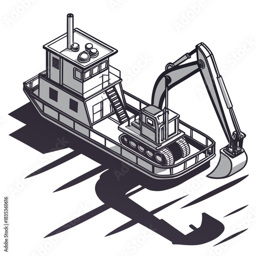Isometric illustration of a construction barge equipped with an excavator for dredging and marine construction projects