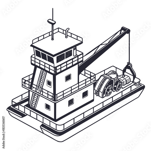Isometric illustration of a tugboat with a crane and winch on a white background