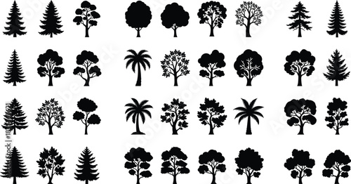 Tree silhouette collection, botanical vector icons, forest shape set, black foliage design, nature structure graphics, seasonal tree illustration pack