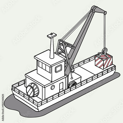 Illustration of a crane barge lifting a striped cargo container with a hook over its deck on a light background