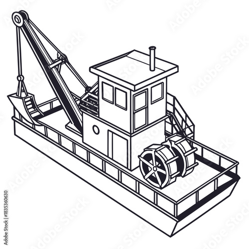 Illustration of a dredge boat with crane and paddle wheel for waterway maintenance and construction