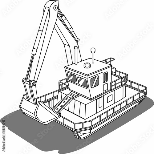 Illustration of a dredge boat with a bucket excavator arm and a detailed cabin on a white background