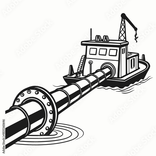 Illustration of a tugboat with a large pipe extending from its stern into the water
