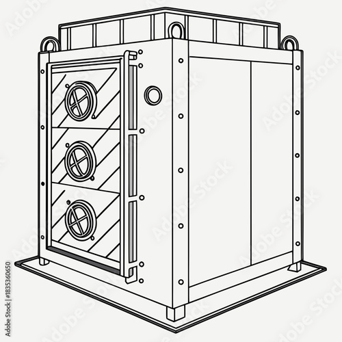 Industrial ventilation unit with multiple circular fans and a sturdy metal frame on a base