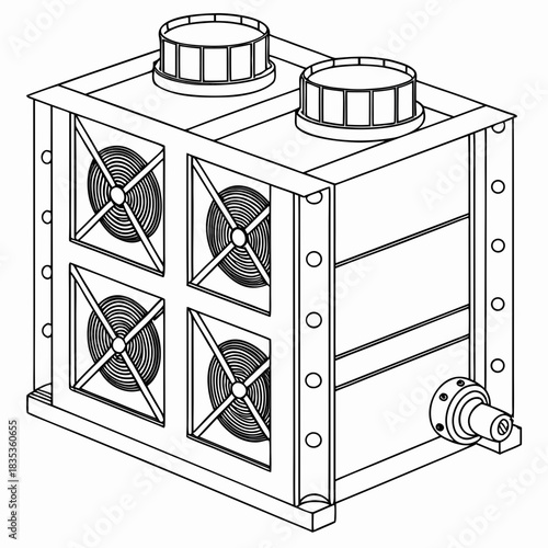 Isometric line drawing of a compact industrial cooling unit with four fans and two top vents