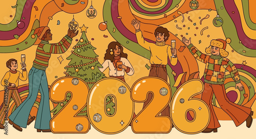 Festive illustration of a groovy 1970s-style New Year's Eve party celebrating the year 2026 with friends and champagne