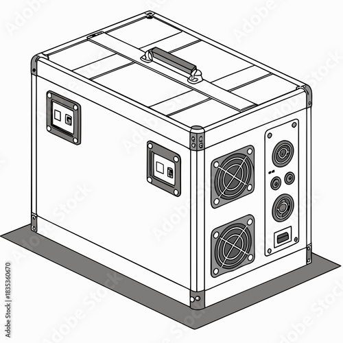 Isometric line drawing of a portable power station with handle fans and various connectors on a white background