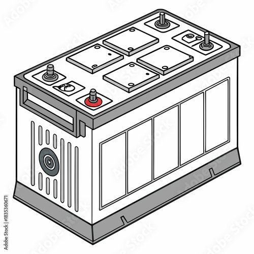 Stylized illustration of a white car battery with gray accents and visible internal cells and terminals