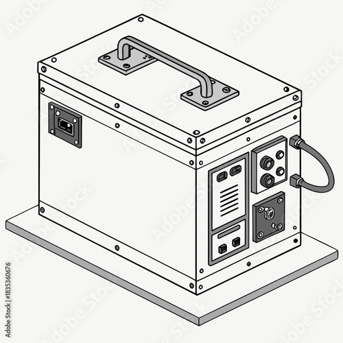 Isometric line art illustration of a portable electronic device with a handle and various connectors on a platform
