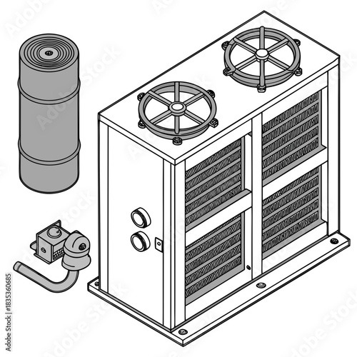 Isometric illustration of a gray industrial air conditioning unit with fans and cooling fins plus separate components