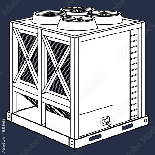 Industrial air conditioning unit with four fans on top and louvers on the side in a clean line art style