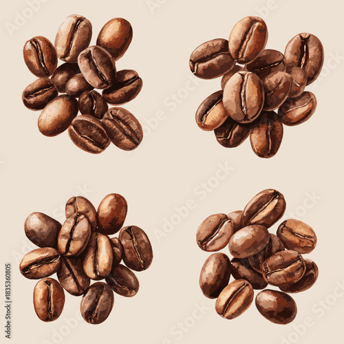 A detailed watercolor set of roasted coffee beans in rich brown tones with natural texture and depth, perfect for cafe branding, packaging design, beverage themes, and culinary artwork.