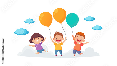 A group of cartoon children holding giant balloons that lift them gently into the sky, clouds smiling, cheerful fun energy