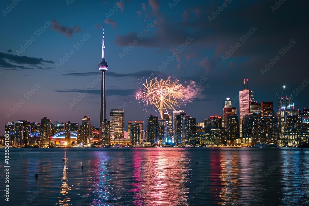 Naklejka premium Fireworks cityscape tower architecture.