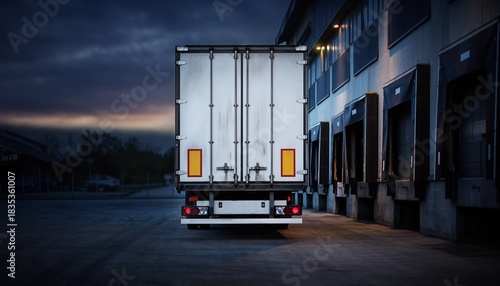 White truck trailer backed up to multiple loading docks at a dimly lit warehouse at dusk, concept for logistics, shipping and supply chain.
