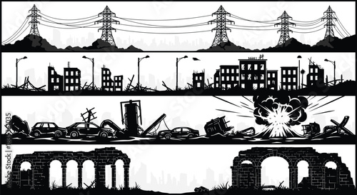 Urban destruction illustration, city decay stages, explosion chaos panel, ruined architecture, war damage vector, apocalyptic skyline, black silhouette design