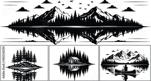 Nature reflection illustration, mountain lake scene, cabin and canoe view, pine forest landscape, black and white vector, peaceful wilderness design