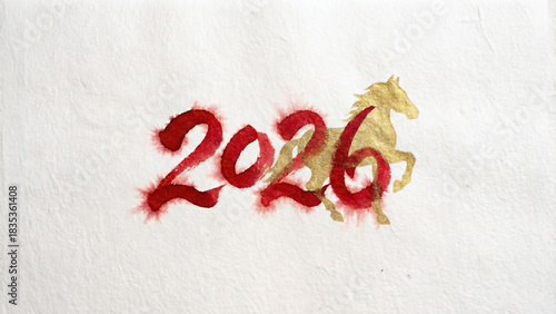Traditional red ink brush calligraphy 2026 with gold foil horse silhouette on rice paper. Artistic concept for Chinese Lunar New Year of the Horse.