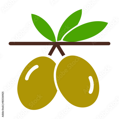 Vector illustration of two olives hanging from a brown branch with three green leaves above them nicely drawn