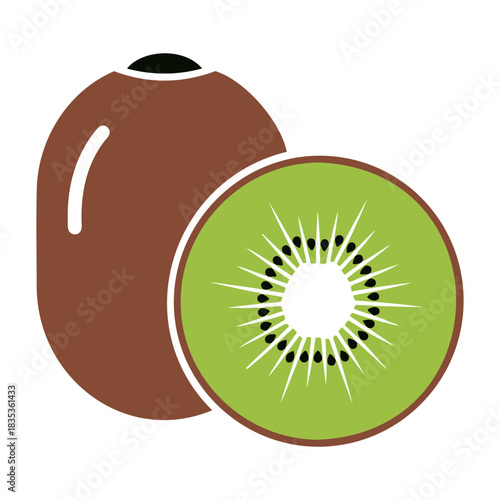 Vector illustration of a whole kiwi fruit and a kiwi slice with black seeds and green flesh design