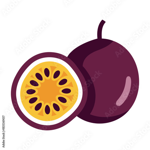 Vector illustration of a whole passion fruit and a halved passion fruit with visible seeds and pulp design
