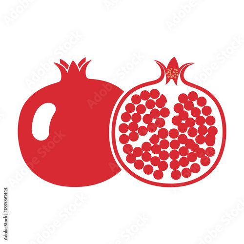 Vector illustration showing a whole pomegranate and a halved pomegranate with visible seeds in red color