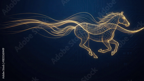 Golden glowing wireframe horse running on dark blue circuit background. Digital concept for fintech, speed data and 2026 Year of the Horse.