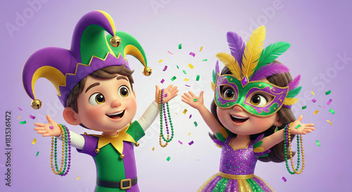 Cute 3D cartoon characters celebrating Mardi Gras carnival party. Boy wears jester hat and girl wears feathered mask, holding purple green and gold beads. Festive illustration for Fat Tuesday.
