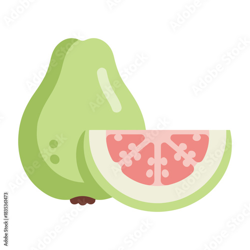 Vector illustration of a whole light green guava and a slice of guava with pink flesh and white rind near it