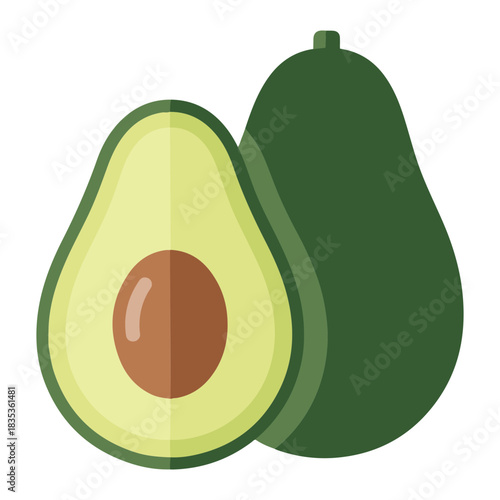 Vector illustration showing a halved avocado with a pit beside a whole avocado on a transparent background