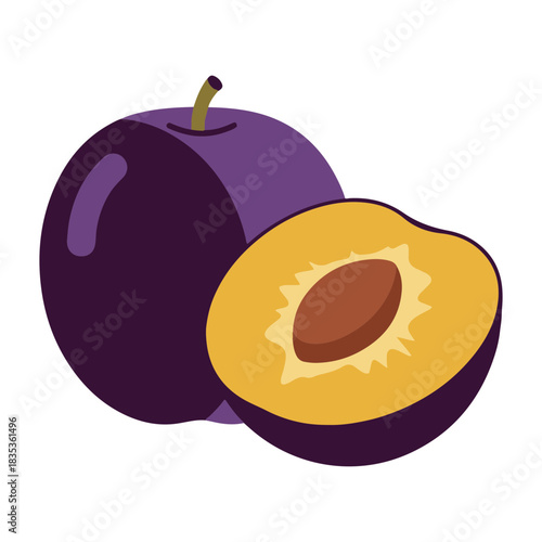 Vector illustration of a whole purple plum and a half plum with a pit on a transparent background