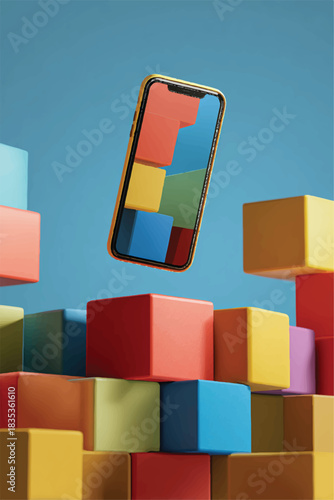 Colorful mobile phone levitating above stack of cubes