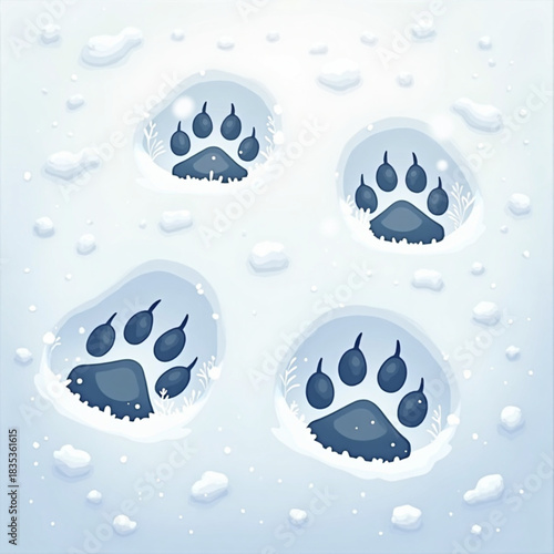Animal paw prints in fresh snow with soft blue background  