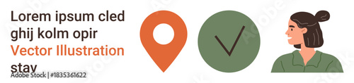 Navigation tools, location services, verification, identity, user interfaces, technology integration. Orange location pin, green checkmark and woman facing right. Navigation tools and verification
