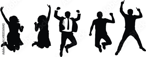Jumping people silhouettes set, happy group, men, women, businessman in suit, celebrating success, joy, isolated vector collection.