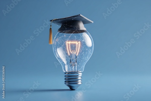 Light Bulb Wearing Graduation Cap on Light Blue Background