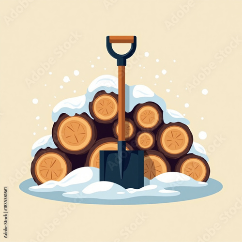 Pile of firewood with snow and shovel on light background  