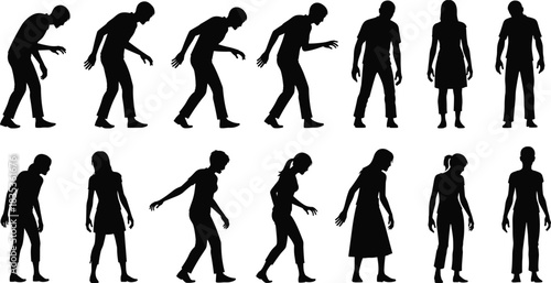 Large collection of fourteen black human silhouettes in various exhausted or slow walking poses, figures bent over resembling zombies, vector illustration graphic for horror, fatigue, and illness  
