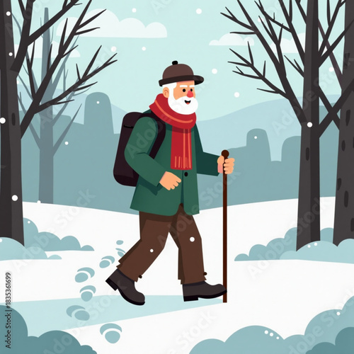 Elderly man hiking in winter forest with snow-covered ground  