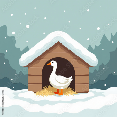 Goose standing outside wooden barn in snowy winter landscape  