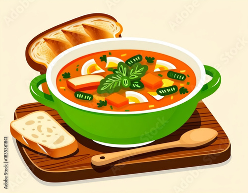Colorful vegetable soup in green bowl with bread on wooden board  