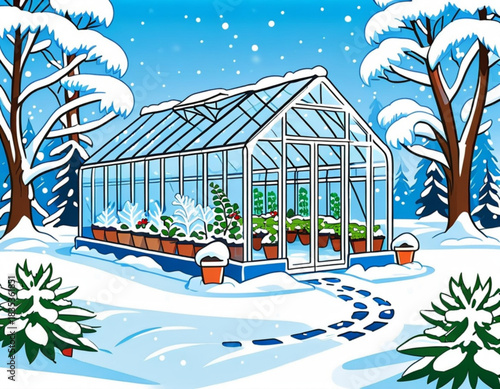 Greenhouse in winter surrounded by snow-covered trees and plants  