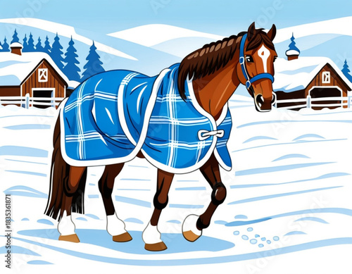 Horse wearing blue blanket walking in snowy winter landscape  